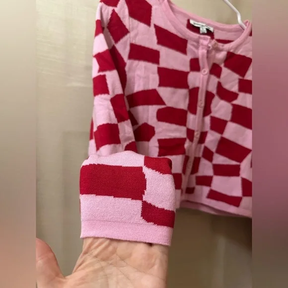 Pretty Garbage Pink & Red Checker Knit Cropped Cardigan | Size S - Picture 2 of 5